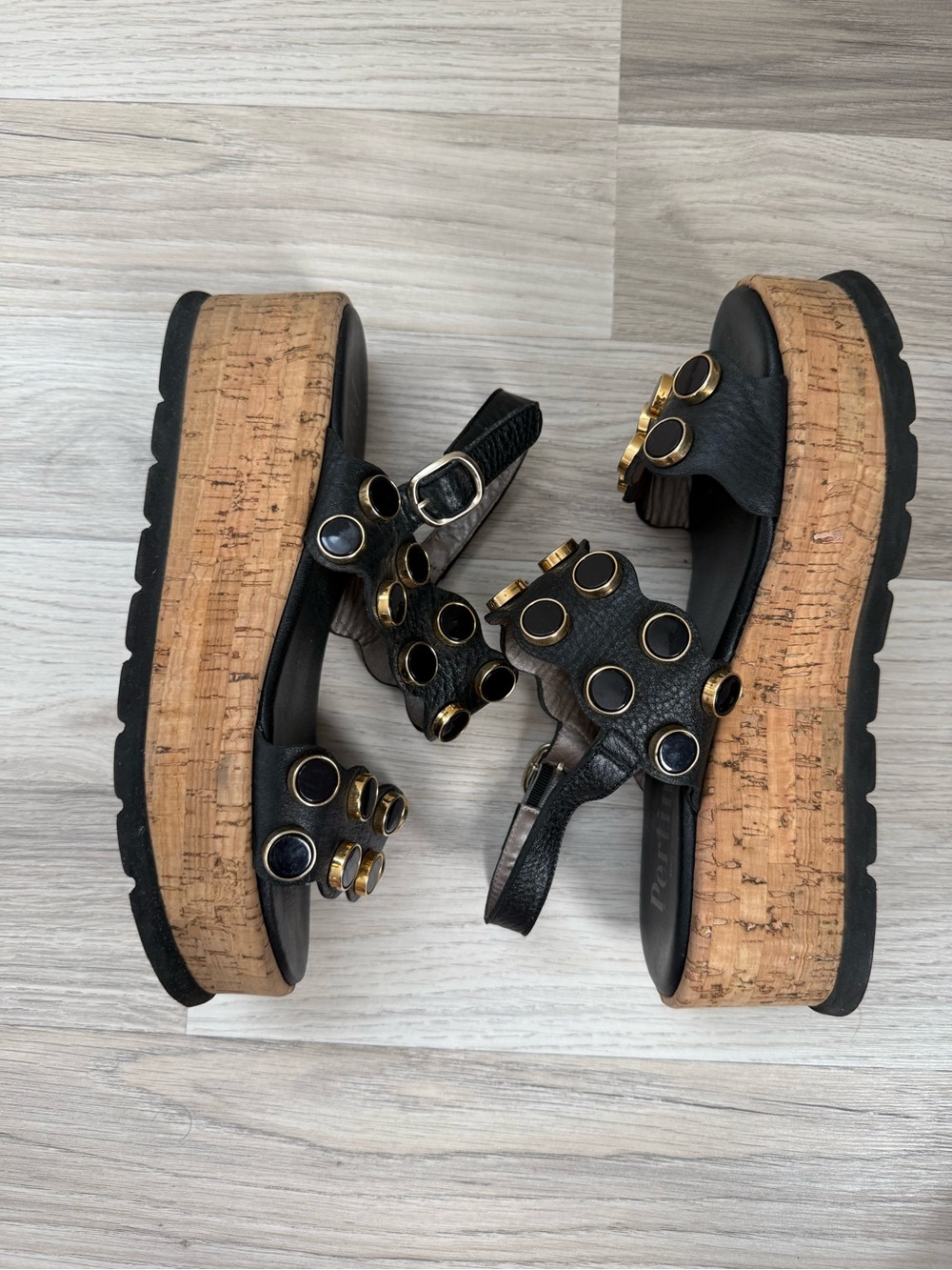 Black Leather Platform Sandals with Gold Accent Rings